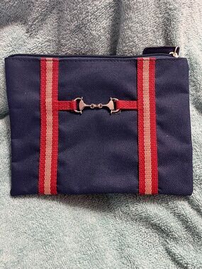 Navy Canvas Men's Pouch with Red Stripe Detail